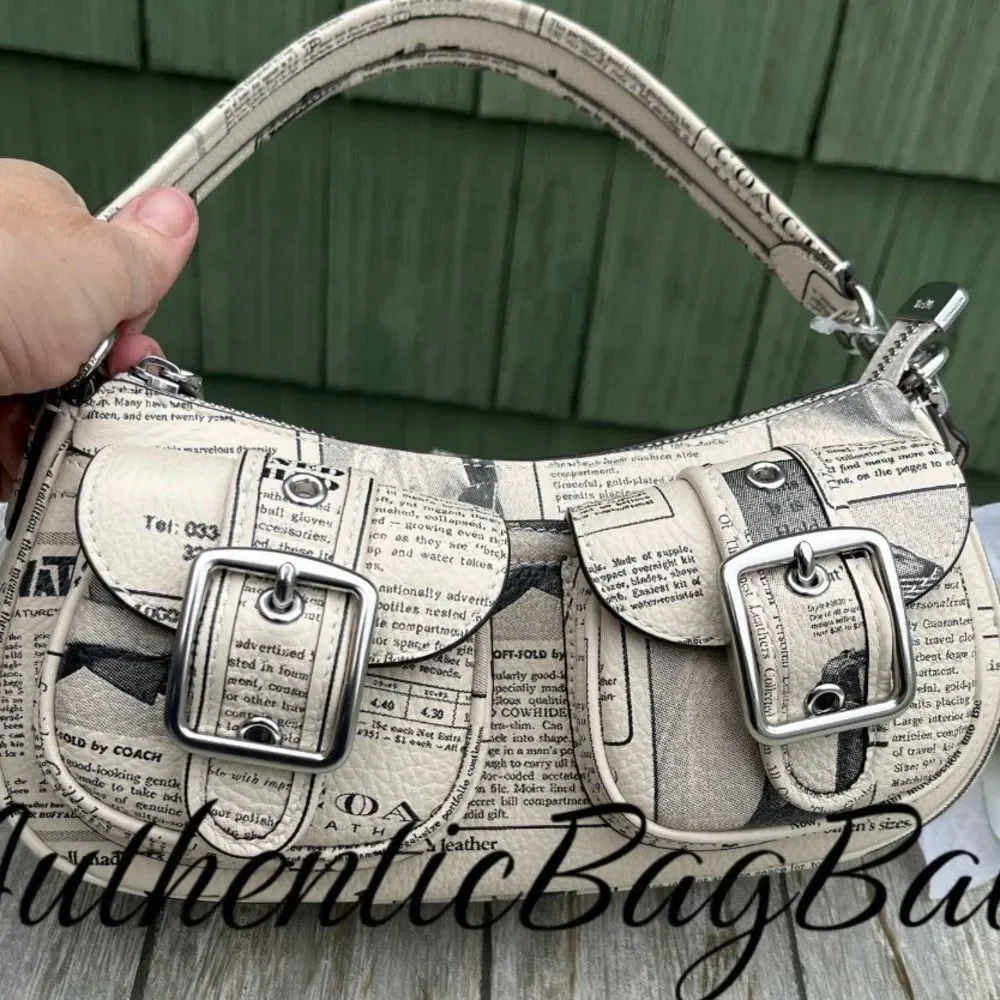 Coach Ashton Pebbled Leather Shoulder Bag With Newspaper Print Purse